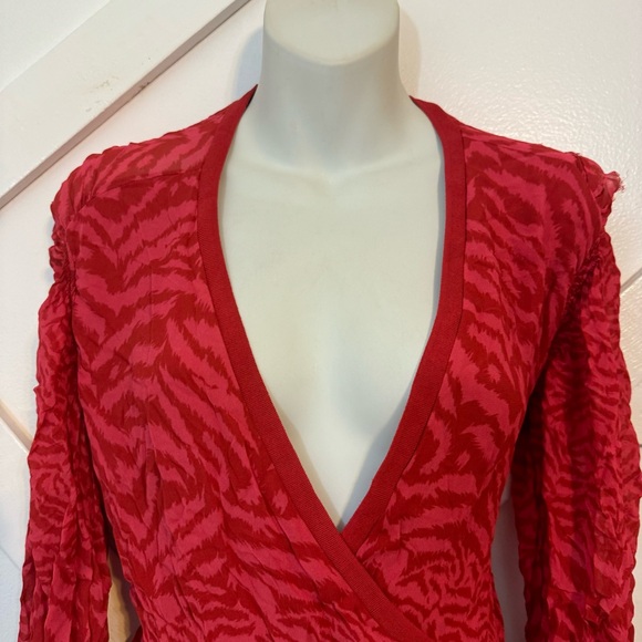 Allsaints Keva Remix Zebra Print Ruffle Mini 3/4 Sleeve Wrap Dress Red Sz M - Picture 3 of 9